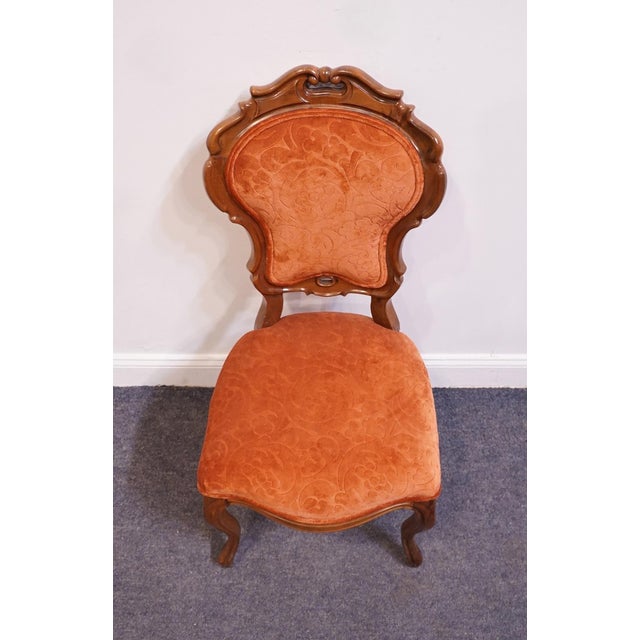 Brown Vintage Antique Solid Beech Louis XV Victorian Rococo Revival Accent Side Chair W. Embossed Velvet Upholstery For Sale - Image 8 of 9