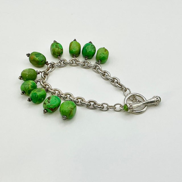 1980s Vintage Southwestern Navajo Americana Carico Lake Sterling & Green Turquoise Beaded Bracelet - 7" For Sale - Image 6 of 12