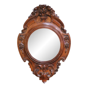 19th Century French Black Forest Carved Oak Mirror With Floral Crest