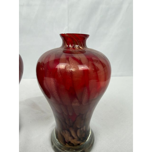 1970s Pair of Red Ruby Goldstone Murano Glass Vases For Sale - Image 4 of 7