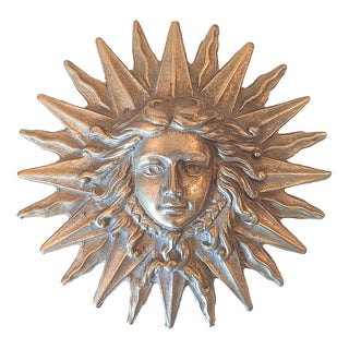 Vintage Brass Sunburst Sun Medusa Face Plaque Louis XIV Raised Relief For Sale