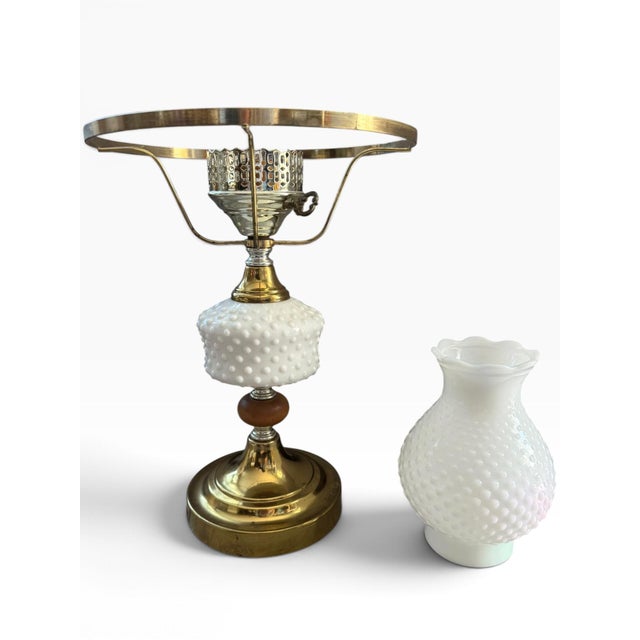 Vintage Hobnail Milk Glass & Brass Hurricane Table Lamp With Turned Wood Accent For Sale In Portland, ME - Image 6 of 10