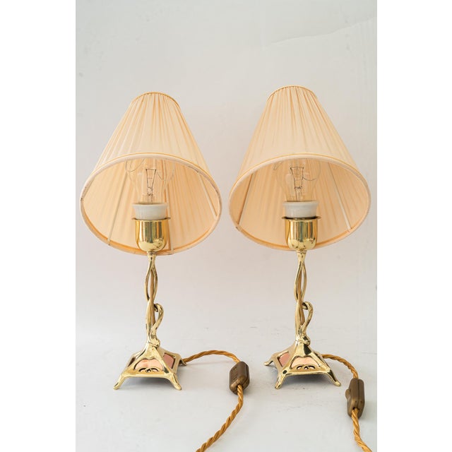 1900 - 1909 Jugendstil Brass Table Lamps with Fabric Shades, Vienna, Austria, 1908, Set of 2 For Sale - Image 5 of 18