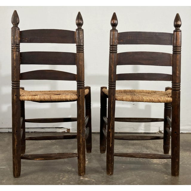 Brown Vintage Primitive Turned Wood Woven Seat Ladderback Chairs, a Pair For Sale - Image 8 of 10