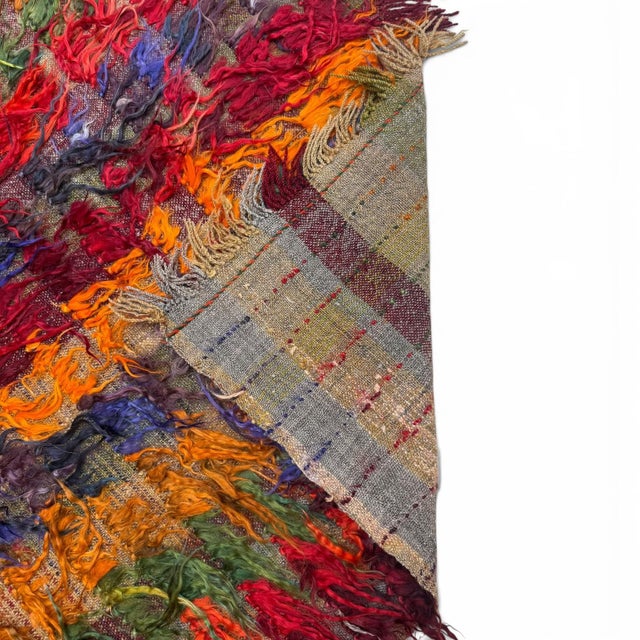 Antique Filikli Tulu Rug 3x5 – Konya Long Pile Vertical Stripes in Red, Brown, Blue & Green For Sale - Image 4 of 5
