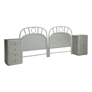 Vintage Distressed Rattan and Bamboo Headboard and Bedside Tables, 1970s, Set of 4 For Sale