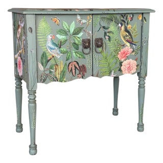 Vintage Hand-Painted & Decoupaged Botanical Jungle Cabinet – Custom Mixed Media Art Piece For Sale