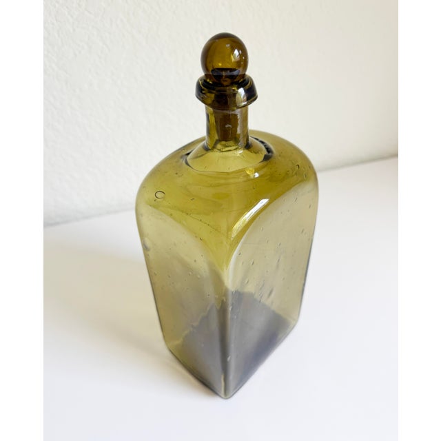 1950s Vintage Olive Green Blown Glass Decanter Bottle For Sale - Image 5 of 7