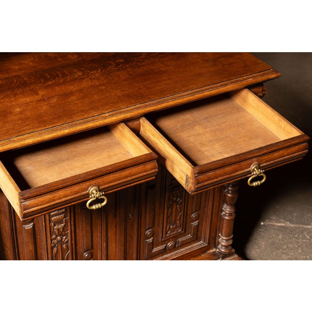 Late 19th Century Renaissance Revival Oak Sideboard With Leaded Glass Hutch For Sale - Image 9 of 13
