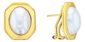 Oval Mabe Pearl Earrings with Polished Hexagon Bezel, 2 Pieces