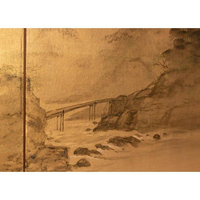 1960s Shōwa Era Japanese Byobu Screen "Landscape With Bridge" on Gold Background For Sale - Image 14 of 18