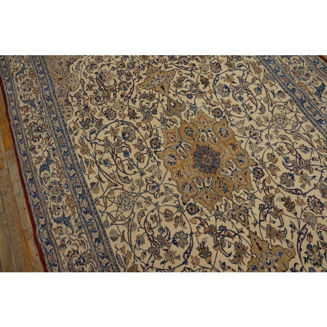 Textile 1950s Ivory Medallion Vintage Persian Nain Wool & Silk Carpet 5'1" X 8'10" Knotted Rug For Sale - Image 7 of 12