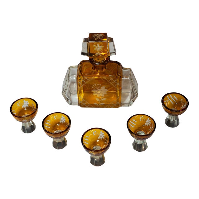 1930s Bohemian Amber Crystal Decanter Set – 6 Piece Art Deco Karl Palda Style For Sale