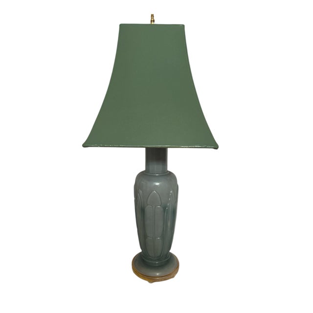 Fabulous hollow glass lamp, painted or fired glass? Great art nouveau design molded in with a gold painted base. Very rare...