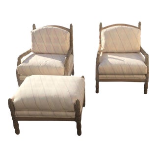 Vintage Mid Century Marge Carson Carved French Bergere Chairs and Ottoman- 3 Pieces For Sale