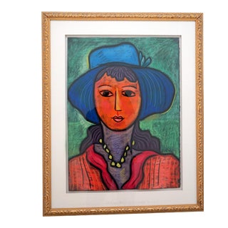 1990s "Girl With a Blue Hat" Fauvist Style Folk Art Portrait Pastel Drawing by George Colin, Framed For Sale