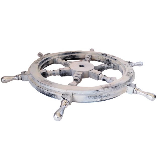 Antique Vintage Nautical Handcrafted White Wooden Ship Wheel With Aluminium Hub & Handle For Sale - Image 6 of 6