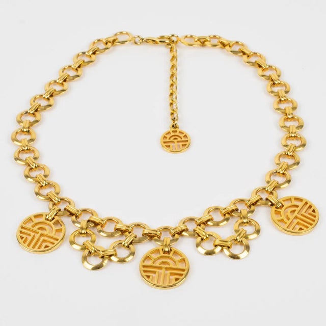 Louis Feraud Paris Gilt Metal Choker Necklace with Brand Logo Charms For Sale - Image 4 of 9