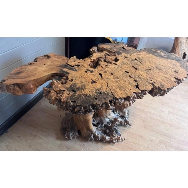 New Multi-Color Burlwood Handcrafted Table. Beautiful sculptural burlwood table made from a single natural burl slab with...