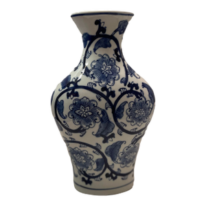 Late 20th Century Chinese Blue & White Floral and Leaf Ceramic Vase