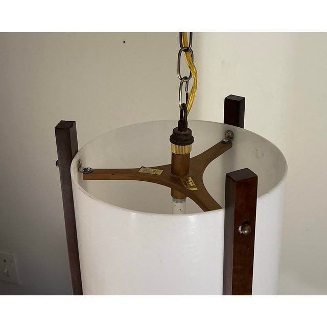 Wood Vintage Hanging Light Pendant Light Fixture, 24” Cylinder White Acrylic Walnut Brass Accents, McFadden Lighting For Sale - Image 7 of 11