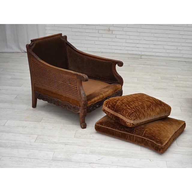 Mid-Century Modern Danish Armchair in Velour and Carved Ash, 1930s For Sale - Image 3 of 18