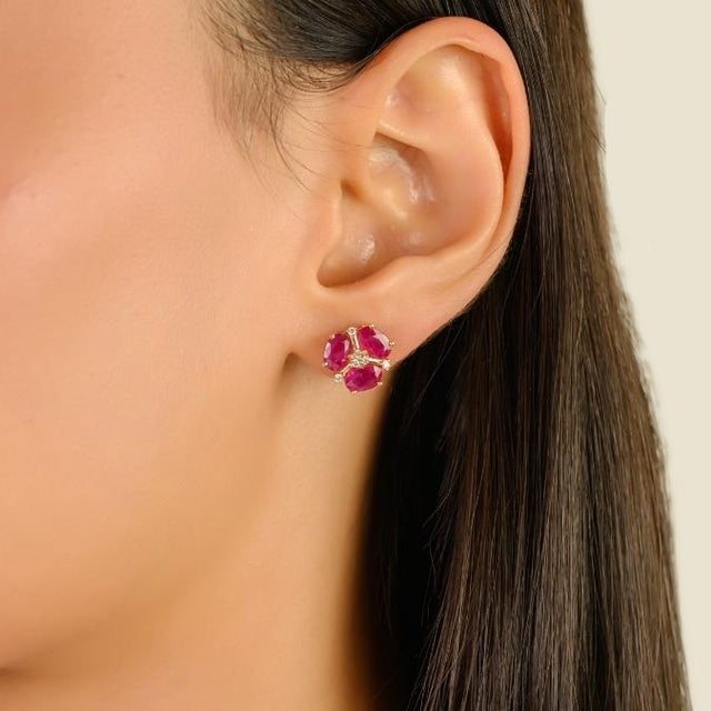 Ruby Red Modern 3 Ct Natural Ruby and Diamond Cluster Stud Earrings in 14k Yellow Gold- A Pair For Sale - Image 8 of 14