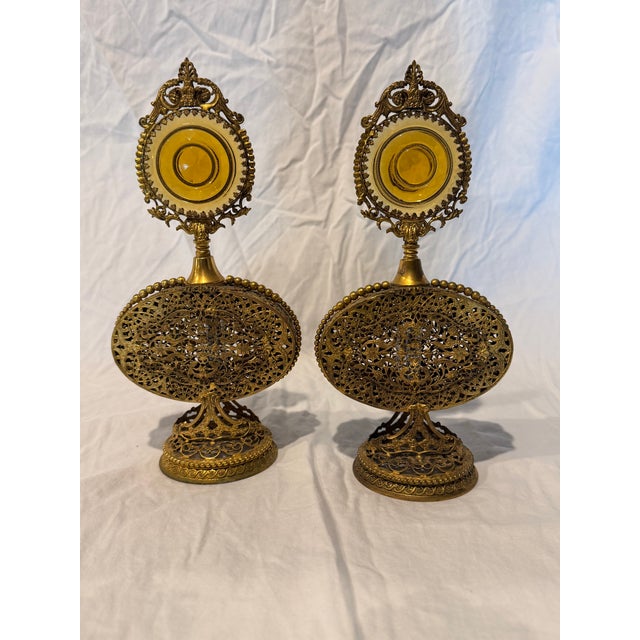 Late 19th Century Pair of Antique Victorian Ormolu Perfume Bottles With Amber Glass and Original Daubers For Sale - Image 5 of 6