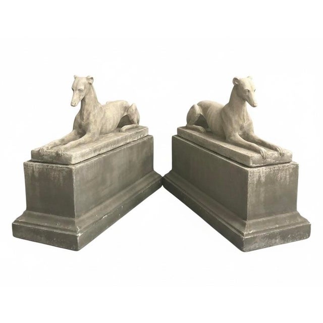 English 1990s Pair of Large Neoclassical Recumbent Greyhound Statues For Sale - Image 3 of 9