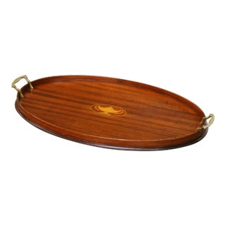 Mid-Century English Burl Walnut Oval Serving Tray With Brass Handles For Sale