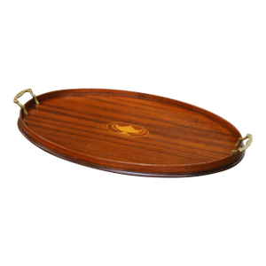 Mid-Century English Burl Walnut Oval Serving Tray With Brass Handles