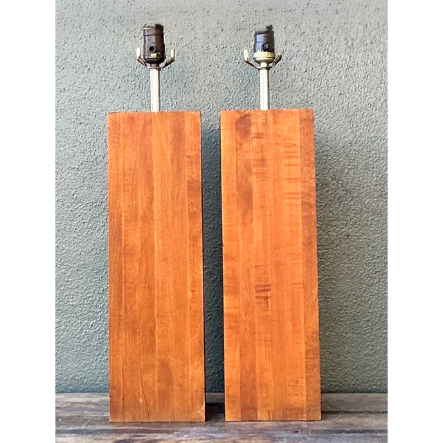 Wood Vintage Boho Wood Block Lamps - A Pair For Sale - Image 7 of 7