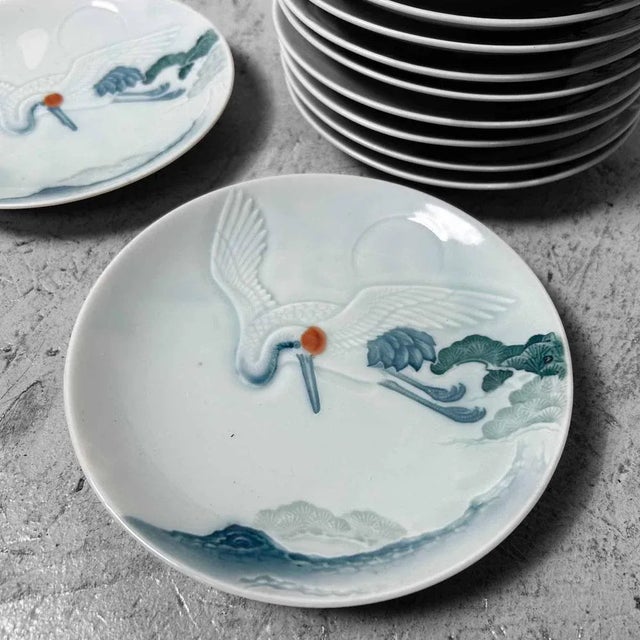 1930s Japanese Porcelain Plates with Crane Decor, 1938, Set of 10 For Sale - Image 5 of 13