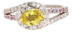 1.48 Carat Yellow Sapphire Pink Sapphire Diamond 14 Karat White Gold Ring, Size 7