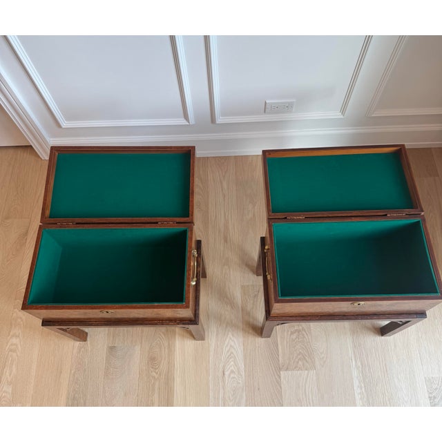 Wood Pair of English Campaign Style Burl Wood Chests on Stands – Anglo-Asian Influence, Chicago Merchandise Mart 1991 For Sale - Image 7 of 11