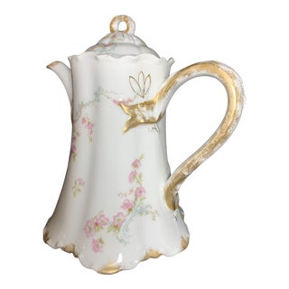 Antique French Limoges Porcelain Tea Pot With Petite Pink Roses, Blue Scrolls and 24k Gold Trim For Sale