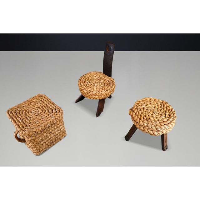 Vintage French Rope Chair with Stool and Basket from Audoux Minet, 1960s, Set of 3 For Sale - Image 14 of 15