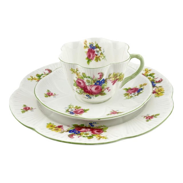 Shelley Hulmes Rose Trio Dainty Shape, Vintage English Bone China 3 Piece Tea Set For Sale