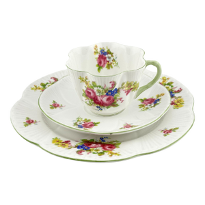 Shelley Hulmes Rose Trio Dainty Shape, Vintage English Bone China 3 Piece Tea Set