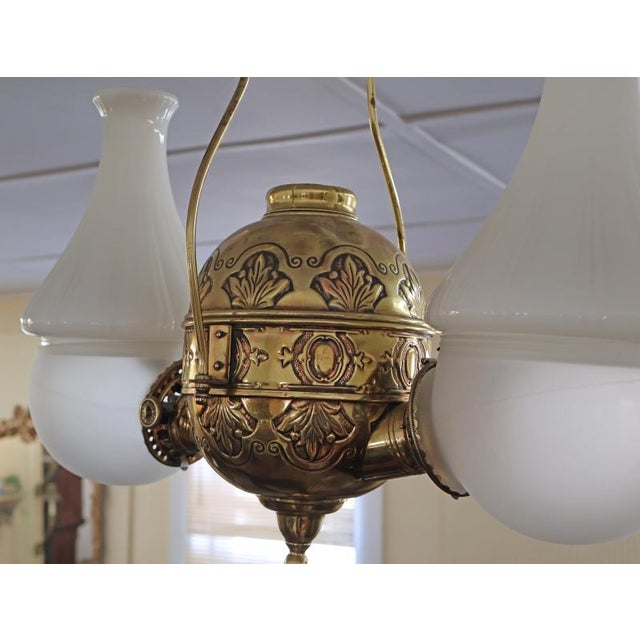 Victorian 19th Century Angle Lamp Co. Double Angle Lamp Brass Kerosene Chandelier For Sale - Image 3 of 12