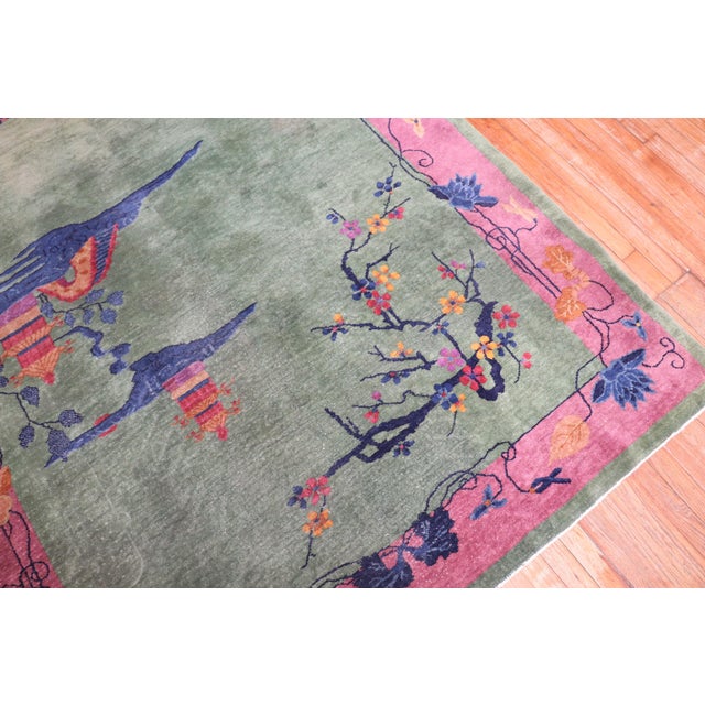 Pink Green Antique Chinese Art Deco Foyer Size Carpet For Sale - Image 4 of 18