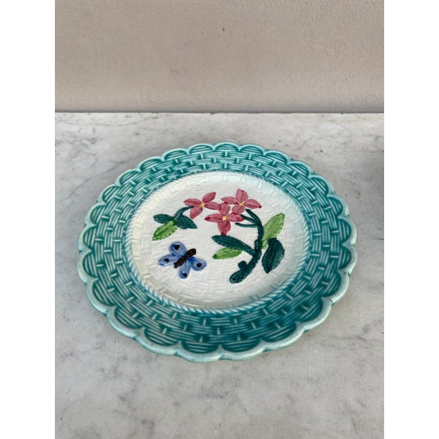 French Country French Majolica Plate With Flowers & Butterfly, Circa 1900 For Sale - Image 3 of 5