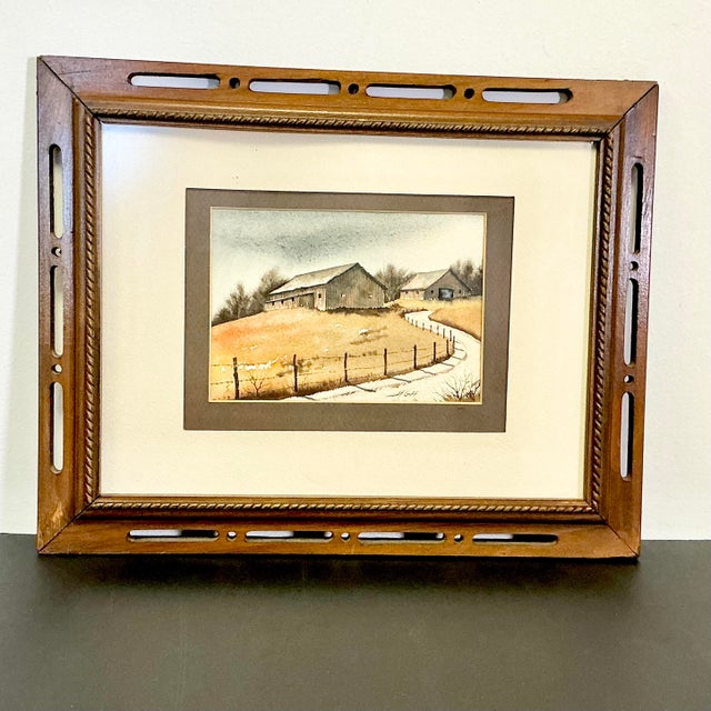 1970s Vintage Impressionist Arts & Crafts Farmhouse Original Watercolor Painting, Two Barns Landscape For Sale - Image 4 of 12