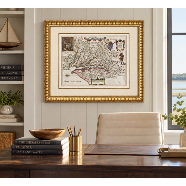 American Historic Virginia & Chesapeake Bay Map by Willem Blaeu 1635 (Custom Gold-Leaf Frame) For Sale - Image 3 of 4