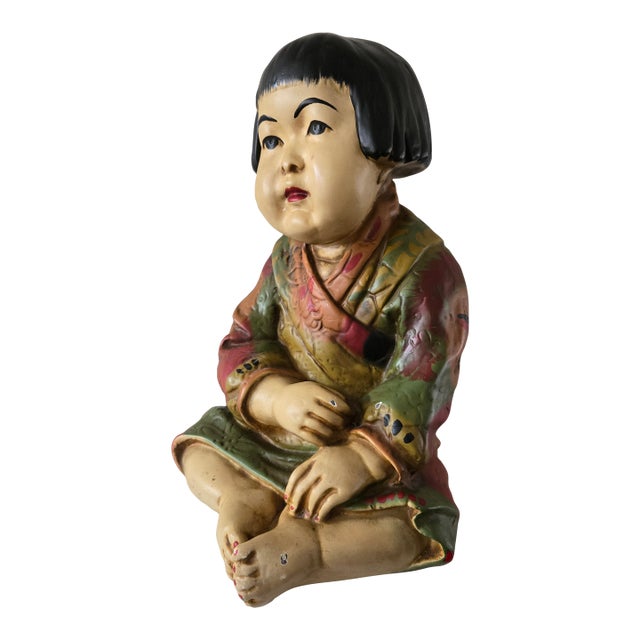 Vintage Chalkware Asian Sitting Child Chubby Cheeks Kimono Designer Repros La Signed For Sale
