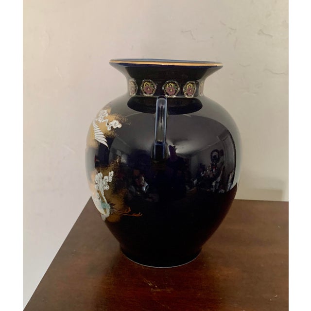 Vintage Japanese cobalt blue porcelain vase Crane, flower and turtle design Kutani ware 2 handle Signature on the bottom,...