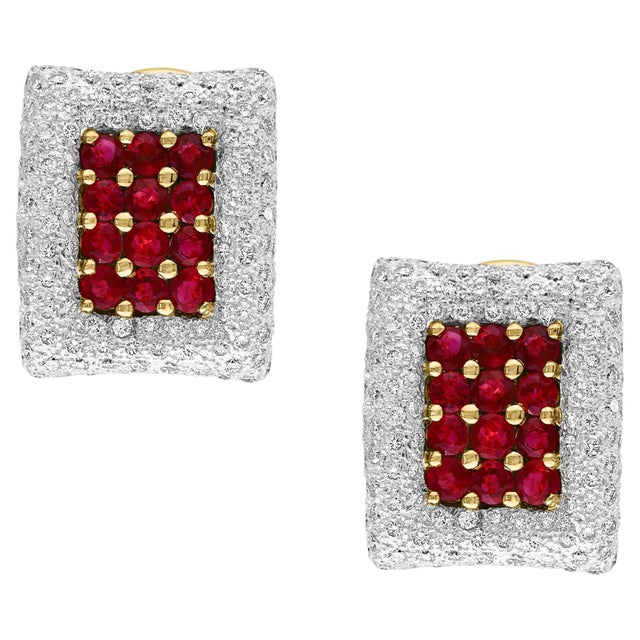 Estate 3 Ct Ruby & 3 Ct Diamonds Square Post Earrings 18 Karat Yellow Gold 13.5G For Sale - Image 15 of 18