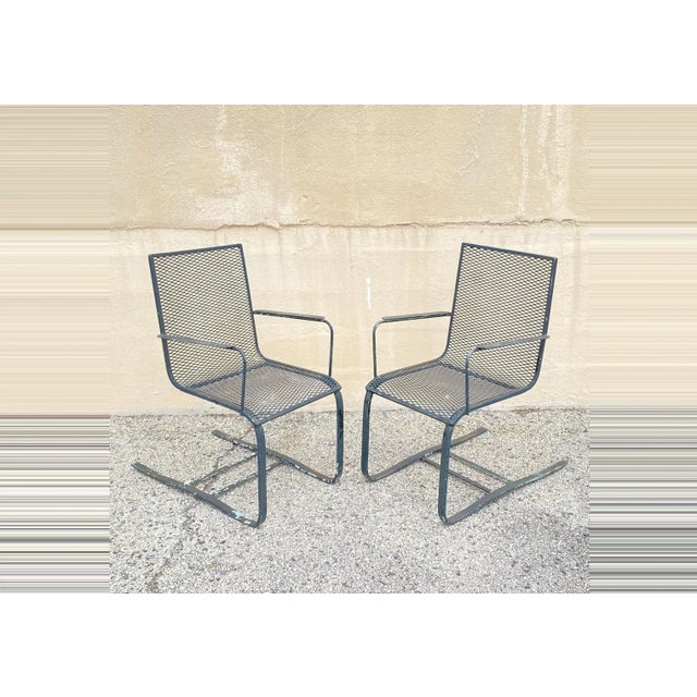 Vintage Industrial Modern Wrought Iron Metal Mesh Cantilever Patio Chairs - a Pair For Sale - Image 11 of 11