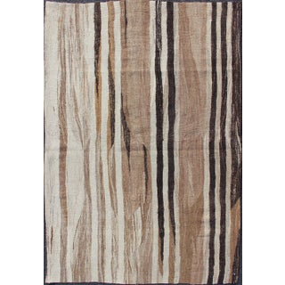 Stripe Design Turkish Vintage Flat-Weave Rug in Shades of Brown, Camel, Tan, and Ivory For Sale