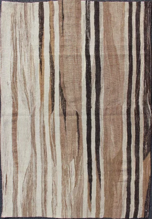 Stripe Design Turkish Vintage Flat-Weave Rug in Shades of Brown, Camel, Tan, and Ivory